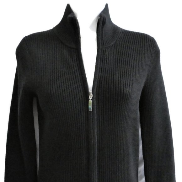 Eddie Bauer Sweater Mock Full Zip Pima Cotton Blend Ribbed Black Silvertone Pull - Picture 3 of 7